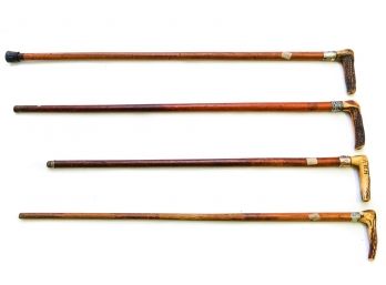 Set Of Four Antique  Walking Sticks Stag L-shape Handles, Two Canes Have Sterling Silver Collars