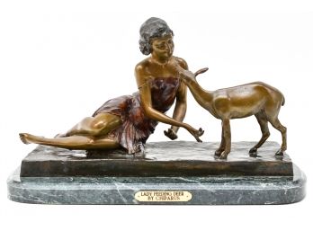 Signed Demetre Chiparus (Romanian  French, 1886-1947) 'Lady Feeding Deer' Bronze Sculpture On Marble Base