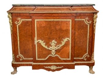 Burl Wood Gilt-Bronze Mounted Marquetry And Parquetry Commode With Marble Top