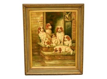 Signed C. Cesar? Framed Painting Of Dogs On A Stoop