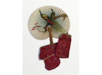 Vintage Embroidered Silk (?) Wallets, Coin Purse, Eyeglass Case + Magnificent Folding Fan - (Red)