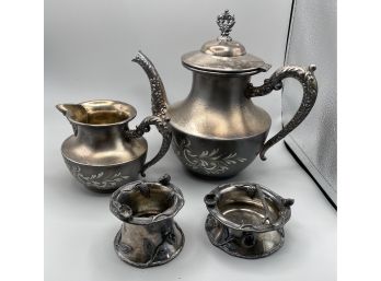 Plated Teapot, Creamer & Pair Of Woodman Co. 3x-plated Open Containers