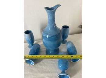 Blue Pottery Decanter & Glasses From Bermuda