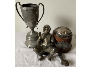 Antique Sport Trophys - 1928 Cup, 1935 Catcher Figure