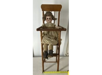 Antique China Doll In Wooden High Chair