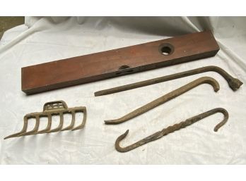 Wooden Level And Other Metal Tools And Pieces