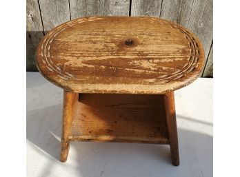 Vintage Wood Step Stool With Incised Carving Decorations