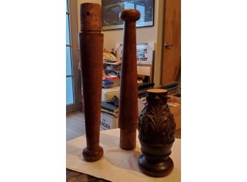 3 Antique Architectural Salvage: 2 Turned Wood Maple Table Legs & 1 Turned And Carved Center Table Leg
