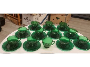 12 Vintage MCM Emerald Green Glass Coffee Or Tea - Footed Cups 3.25' Top Openings & 11 Saucers 5.5' Diameter