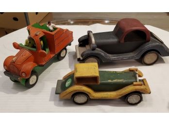 Toy Or Collectible Hand-crafted Antique Car Lot - 2 Wood Cars & 1 Pottery Clay Watermelon Truck With 3 Figures