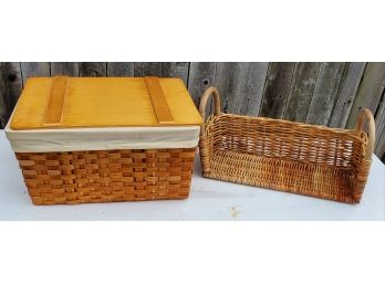 Two Baskets - A Shelf Basket And A Large Picnic Basket With Added Wood Cover Lid