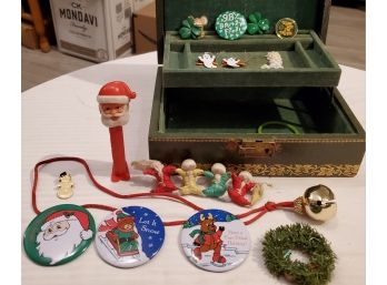 Christmas Pins, Jingle Bell Necklace, Santa PEZ Disp.,wreath Pin, St. Patrick's Day Pins, Halloween Earrings