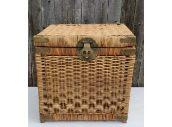 Substantial Wicker Woven Asian Decorated Brass Hardware Basket/ Box