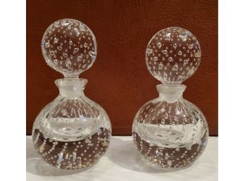 Pair Of Vintage Matching Belgium Blown Bubble Crystal Glass Perfume Bottles With Stopper Dippers