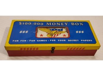 Vintage Tin Litho Child's Toy '$100,000 MONEY BOX. For Fun: For Games: For Your Secret Papers'