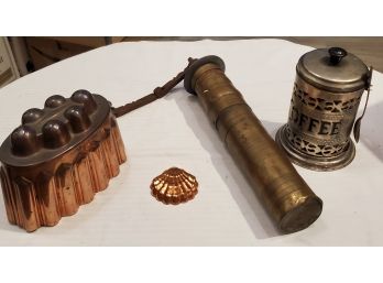 Vintage Kitchen Lot: Copper Jello/Cake Molds; Pierced English Coffee Canister; Tall Brass Pepper Mill