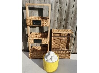 Estate Clear Out Kitchen Lot 5 Of  9 - Vintage McCoy Basket Of Eggs Cookie Jar #0274 & Two Wicker - Shelves