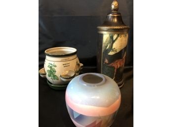 Lot Of 3:  Pottery Vases And Herbal Planter. One Signed By Potter Judith Stiles.