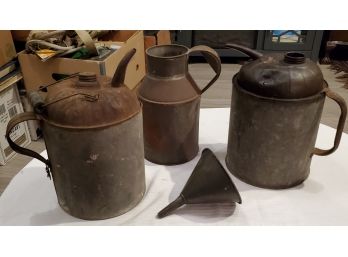 Antique Oil /gas Can Lot Plus Oil Funnel. Galvanized Steel Or Tin. One Marked 'GLOBE' 4 Items