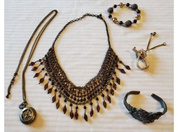 Special Lot Of 5 Vintage Jewelry Pieces - Beaded Choker Necklace, A Glove Ring, Imps Bracelet, Watch Pendant