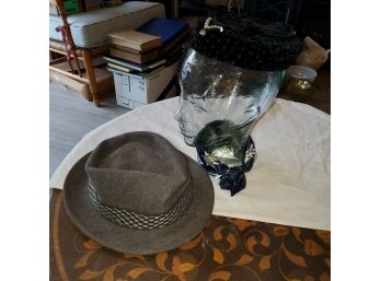 Two Antique Hats - 1 Black Velour Women's With Rhinestones & 1 Gray Men's Marathon Hat From Penney's