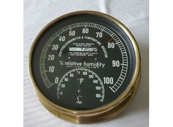 VINTAGE BRASS WITH GLASS CERTIFIED HYGROMETER & TEMPERATURE INDICATOR, WEST GERMANY