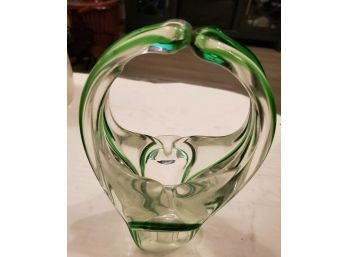 LOVELY VINTAGE GREEN & CLEAR HAND BLOWN STUDIO ART GLASS FLOWER BASKET