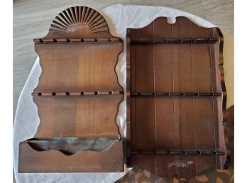 Two Vintage Wood -collectible Souvenir Spoon Display Racks - One Has A Tin Planter In Its Box Bottom!!