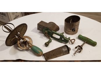 Lot Of 5 Antique Kitchen Tools: Lorraine Metal Meat Grinder Green Handle Cork Screw; Batter Crank-handle Mixer