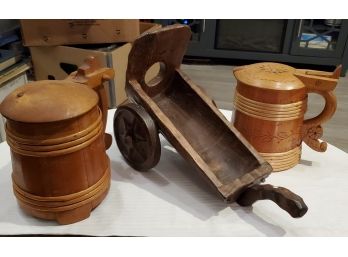 Three Vintage Wood Drinking Accessories - Wine Bottle Cart & 2 Hand Carved & Decorated Ale Pitchers Ca 1964