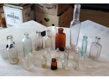 Antique Pharmaceutical & Household Bottle Collection (18) And Two Dividing Compartment Storage Boxes