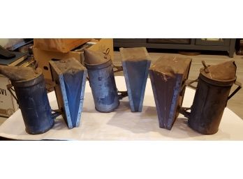 Three Antique Bee Keeper's Smokers, Bee- Pacifier With Wood & Leather Bellows, Galvanized Tube & Spout Working