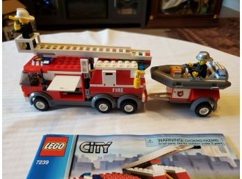 2 LEGO City Sets #7239. 9-wheel FIRE Dept LADDER TRUCK, 2 Firemen, Rescue Raft & Its Trailer, 2 Instruc Boklts