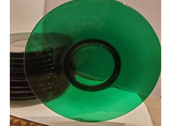 Thirteen (13) Vintage MCM Emerald Green Glass Charger Plates  13.5' Diameter