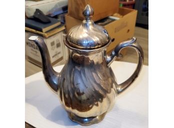 Antique Silver Over Copper Over Fine White Porcelain Coffee Pot With High Finial Top - Heavy Wear/ Patina