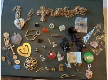 Vintage Costume Jewelry Lot  -Pins And Religious Medallions & Crosses