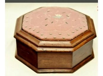 Antique, Hand-crafted, Octagonal Wood Sewing Box (Jewelry Chest) With A Floral Embroidered Top & Interior.