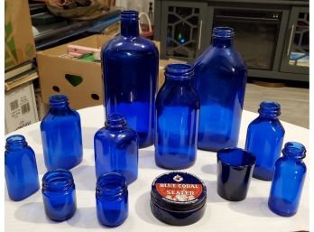 Lot Of Vintage Cobalt Blue Glass Pharmacy Bottles (10) & (1) Small Tumbler Glass & (1) Short Sealer Jar
