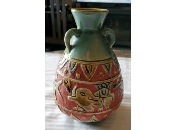 Antique Mexican  - In The Style Of Aztec Pottery - Hand Made Vase- Warriors, Animals, Trees  6' Tall 3 Handles