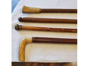 Antique Wood Walking Sticks  Canes -2 With Bone Handles And 1 Brass