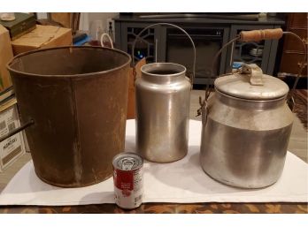 Antique Containers: 2 Alum. Milk Cans & 1 Maple Bucket. U.S NAVY Milk Can With Lid & Chain -marked 'USN Nicro'