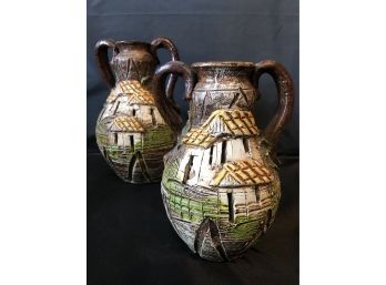 Pair Of Handmade In Honduras Urns Or Vases With Handles