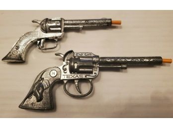 2 Vintage Cowboy Cap Gun Pistols - Hubley Circle H Texas 1950s & Kilgore Pal Circle K