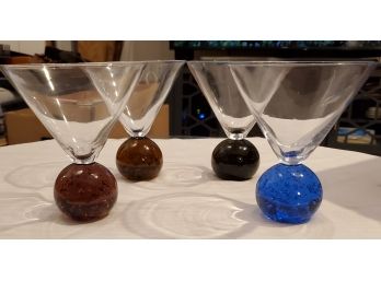 Set Of Four Colorful Bubble Glass Bulbous - Base Crystal  Martini Glasses