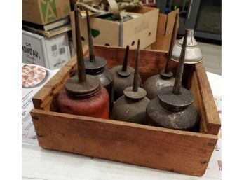 Lot Of 6 Antique Oil Can Oilers -thumb Press Pumps - Plus 1 Small Funnel 4 3/4' High Up To 7 3/4'