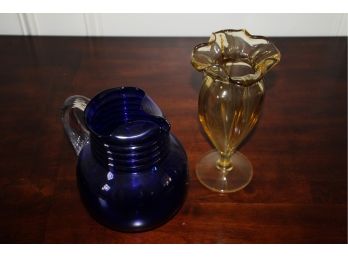 Blown Glass Cobalt Blue Pitcher & Yellow Vase