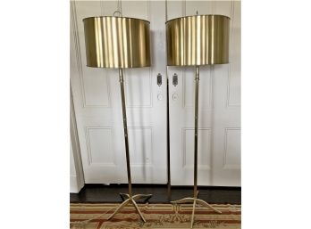 Gorgeous Pair Brass Floor Lamps With Tin Shades