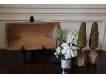 Decorative Grouping  - Faux Floral Arrangements And An Oblong Wooden Bowl