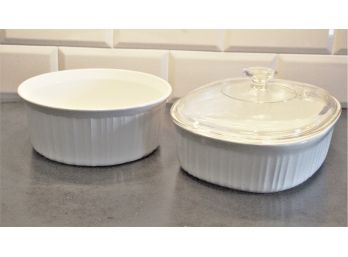 Two Winter White Corning  Baking Dishes, One With Lid