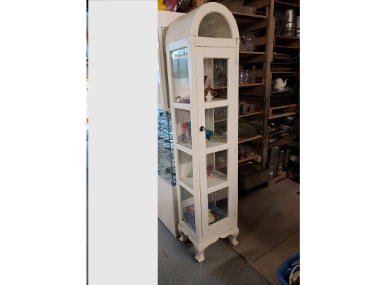 Vintage White Painted Tall Ached Top Curio Display Case Including Contents